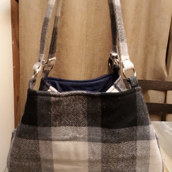 Classic Plaid Wool Handbag Purse Shoulder bag Satchel Gray Black Ivory Blue Med - Picture 4 of 8